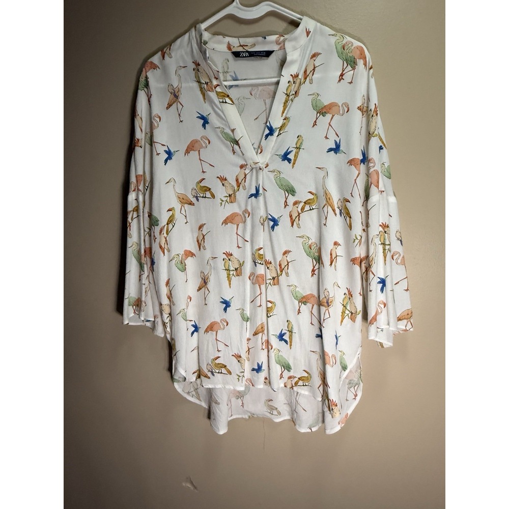 ZARA Women's Bird Print Blouse S White Tropical Flamingo Parrot Boho Top